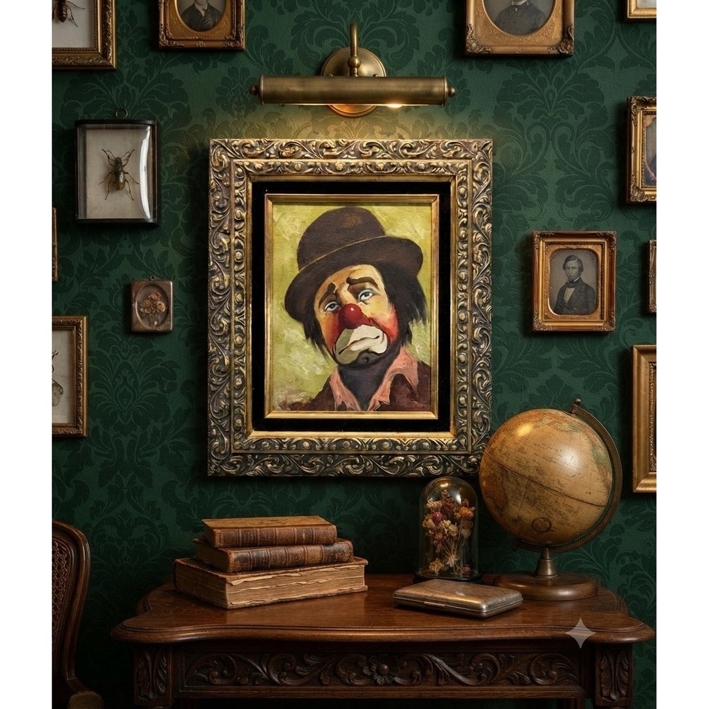 Vintage Brodie Signed Sad Hobo Clown Oil Painting 1960s Ornate Gold Frame Art